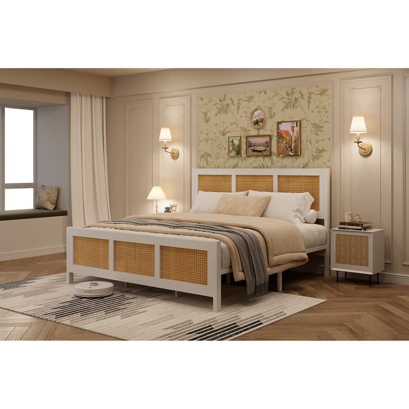 Rattan Bed Frame with Headboard, White Boho Cane Platform Bed Frame with Strong Metal Slat, Noise Free