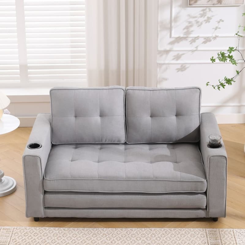 Foldable Tufted Loveseat with Pull Out Convertible Sleeper Couch Bed -  Light Gray