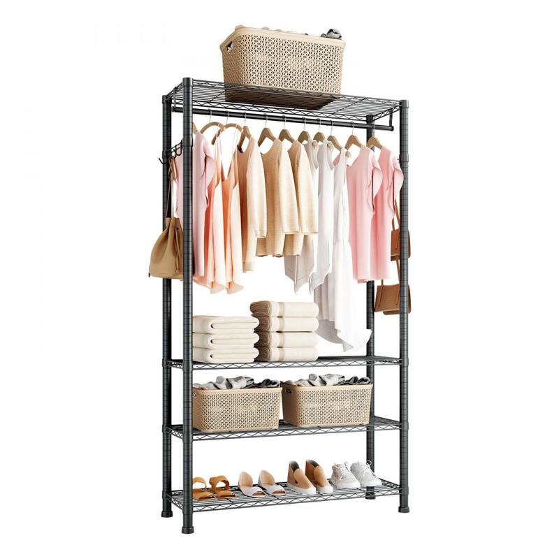 Black Carbon Steel Clothes Rack with 4 Adjustable Shelves 8 Hooks and Hanging Rod for Closet - 30 x 14.02 x 76.38 in