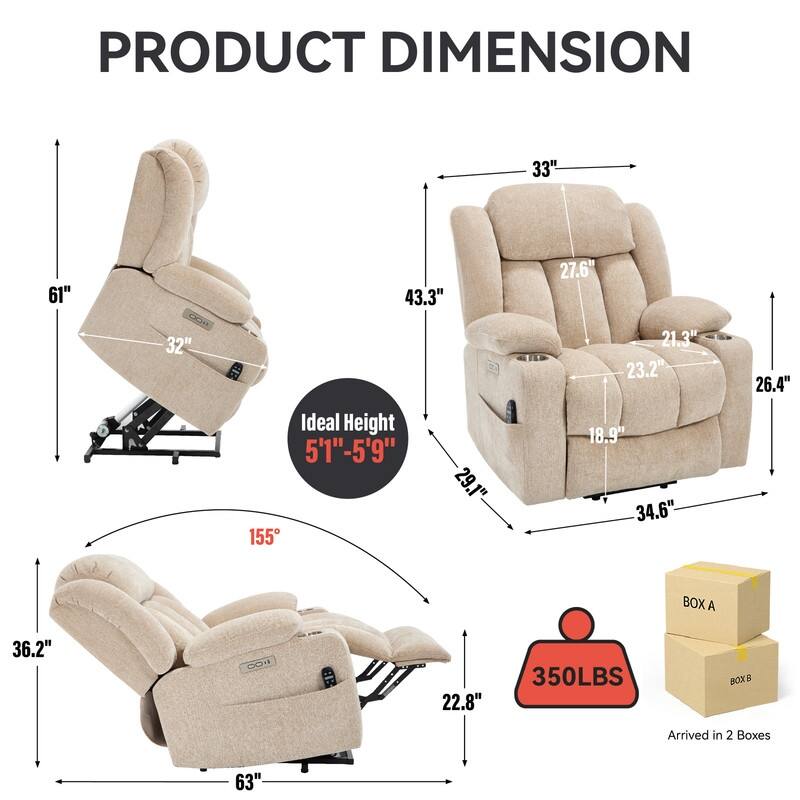 Power Lift Recliner Chair, 350 LBS Capacity, 8-Point Massage & Heat, USB Ports