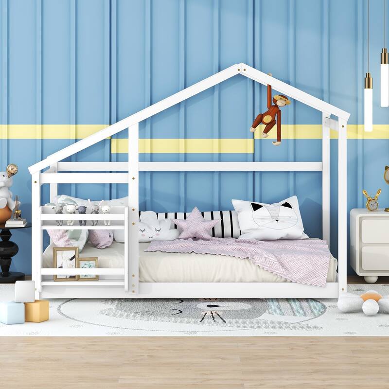 Floor Wooden House Bed with Shelf, No Box Spring Needed