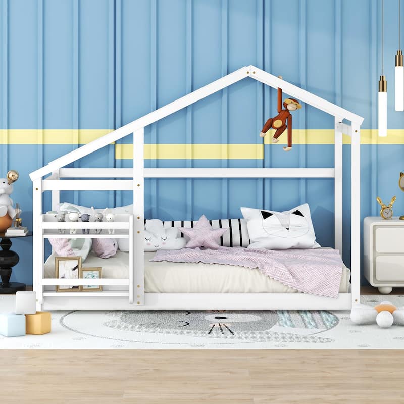 Twin Size Wooden House Floor Bed with Shelf and Roof