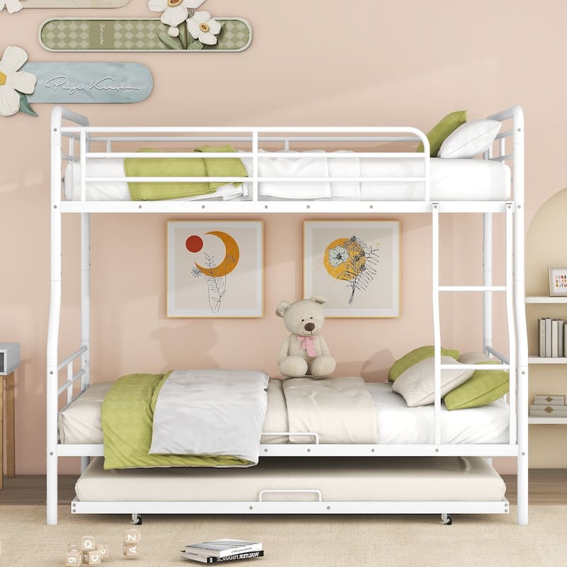 Full XL Over Queen Metal Bunk Bed with Twin Size Trundle, White