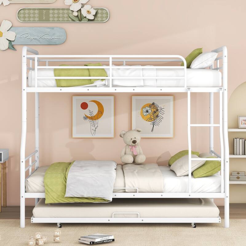 Full XL Over Queen Metal Bunk Bed with Twin Trundle, Space-Saving Design, and Safety Guardrails