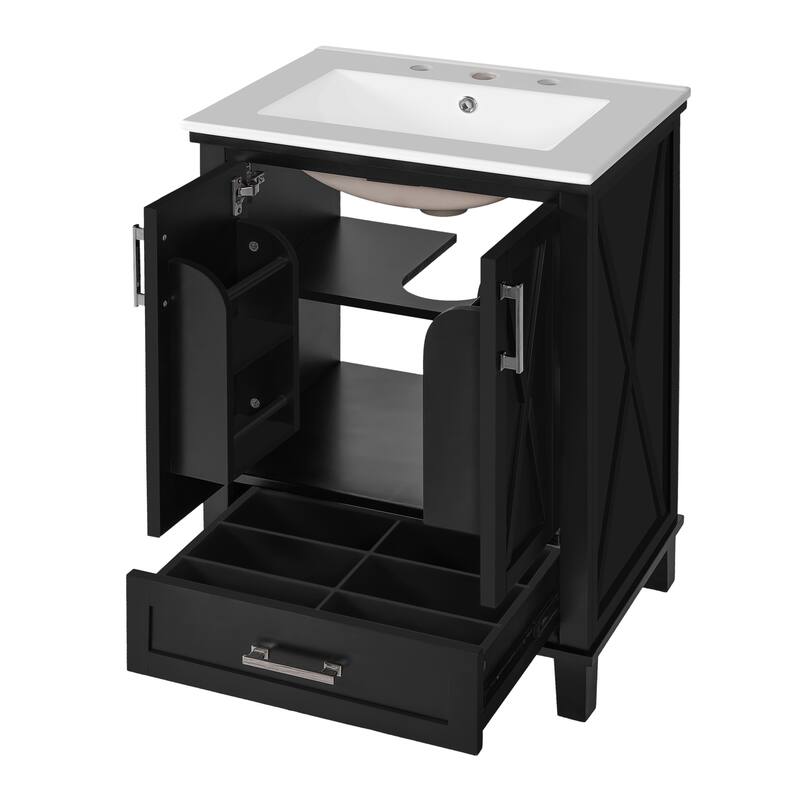 24" Bathroom Vanity with Ceramic Sink Bathroom Storage Cabinet with Divided Drawer and Storage Shelves