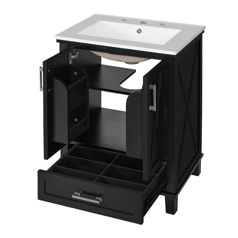 GDFStudio - Seren Wood & Ceramic Bathroom Vanity with Sink, Soft-Close Door, Shelf & 3 Drawers