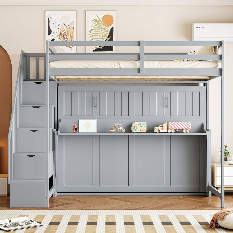 Full Over Full Versatile Wooden Murphy Bed with Storage Staircases & Desk, Space-Saving Foldable Wall Bed with Hydraulic Lift
