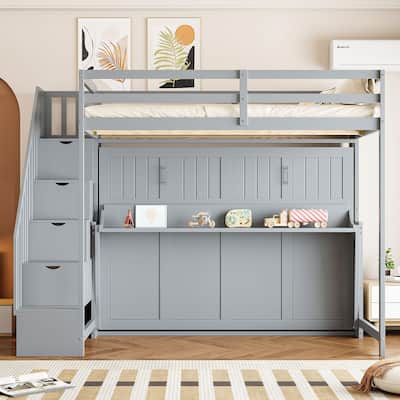 Full Size Convertible Murphy Bunk Bed with Hydraulic Lift, Built-in Desk & Storage Staircase, Space-Saving Wall Bed