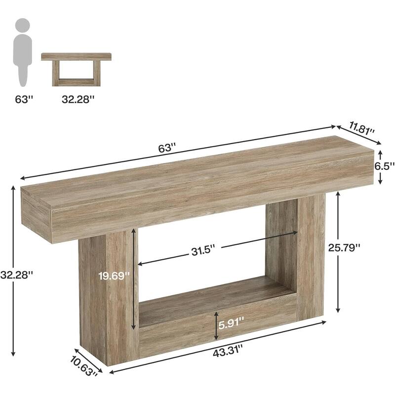 63 Inches Brown and Gray Narrow Long Wood Console Table for Entryway