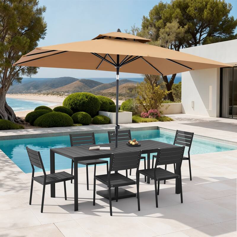 Set of 9 Outdoor Patio Dining Set WoodLike Aluminum Umbrella Hole Table with Stackable Chairs, Market Umbrella Set - BlackTable&BlackChairs&TanUmbrella
