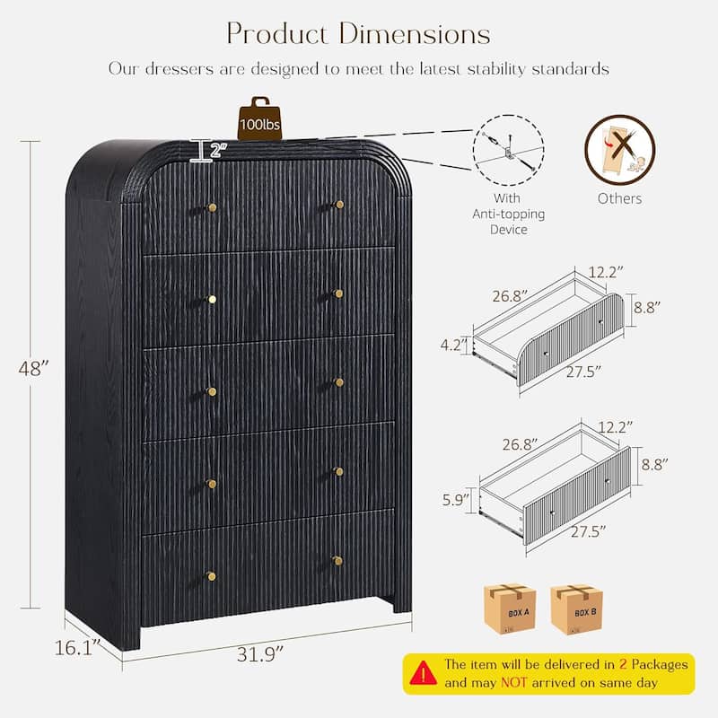 Modern Fluted 5 Drawers Dresser, Wood Chest of Drawers for Bedroom