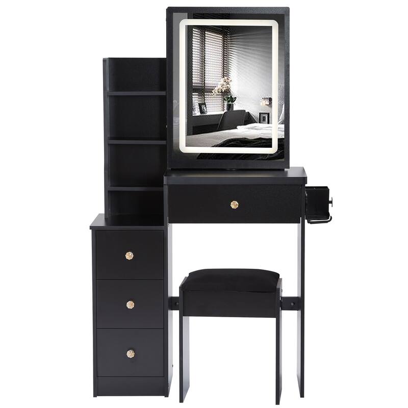 Makeup Vanity Desk with Slidding LED Lighted Mirror, Power Outlet & Hair Dryer Bracket, Small Dressing Table Set with Stool