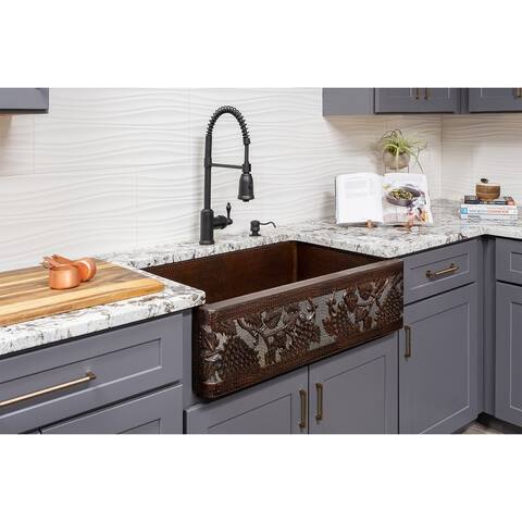 Premier Copper Products 33-inch Copper Apron Front Single Basin Kitchen Sink w/ Vineyard Dsgn Nickel Bkgrnd