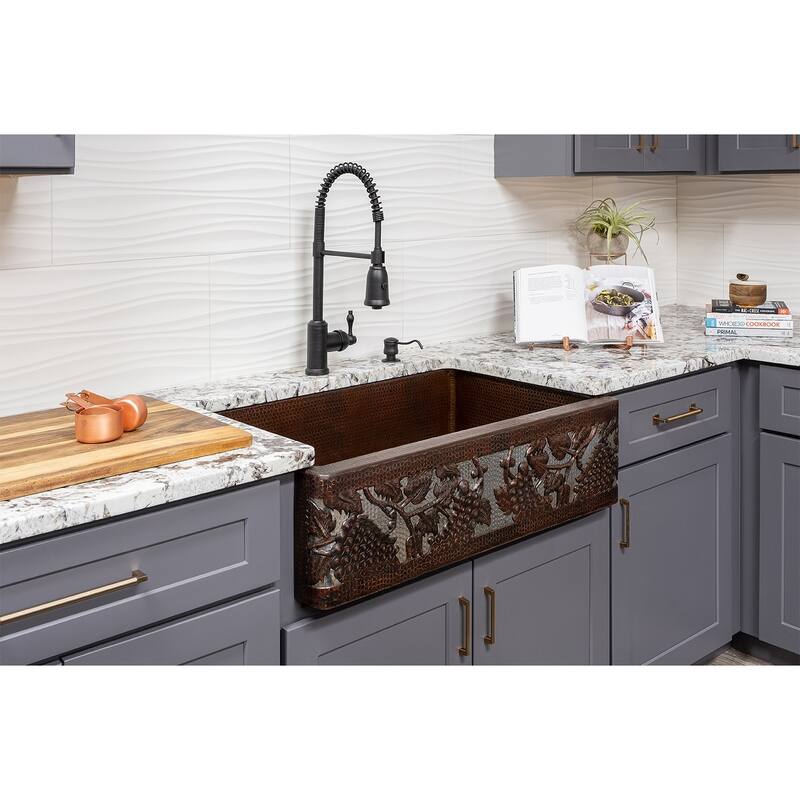 33-in Hammered Copper Kitchen Apron Single Basin Sink w/ Vineyard Design with Accessories (KSP3_KASDB33229G-NB)