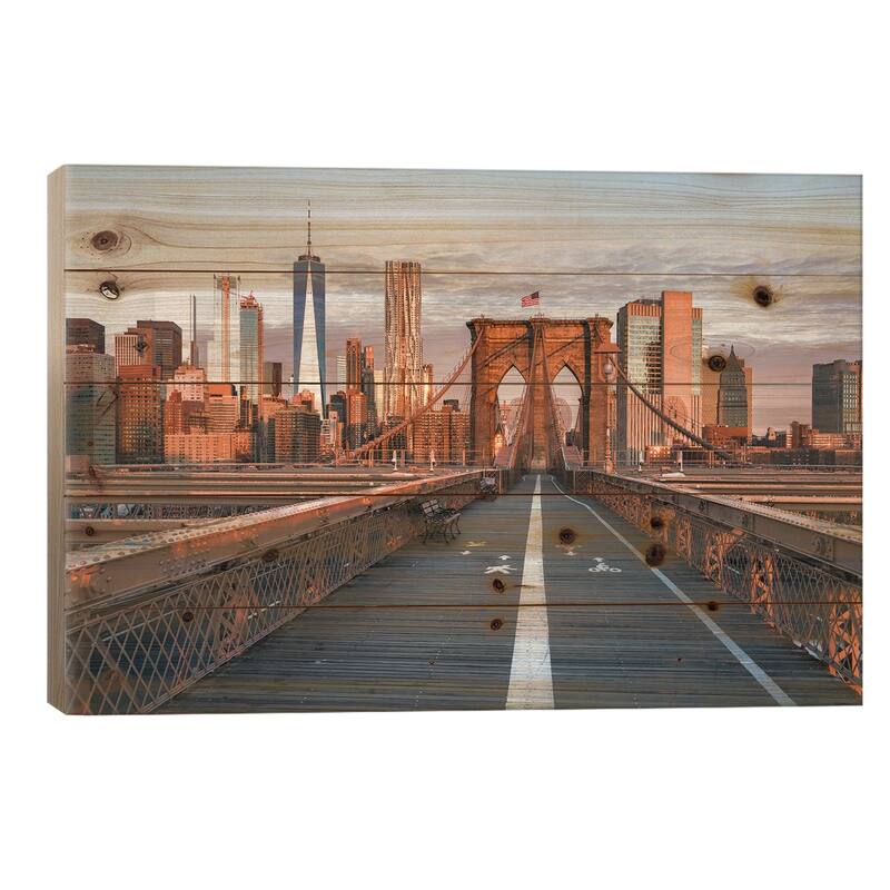 Brooklyn Bridge And Lower Manhattan Skyline At Sunrise, New York City, Usa Print On Wood by Jan Becke - Multi-Color - 18x26x1.5