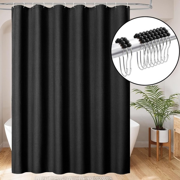 Black Fabric Textured Glam Luxury Shower Curtain With 12 Metal Roller Ball Hooks