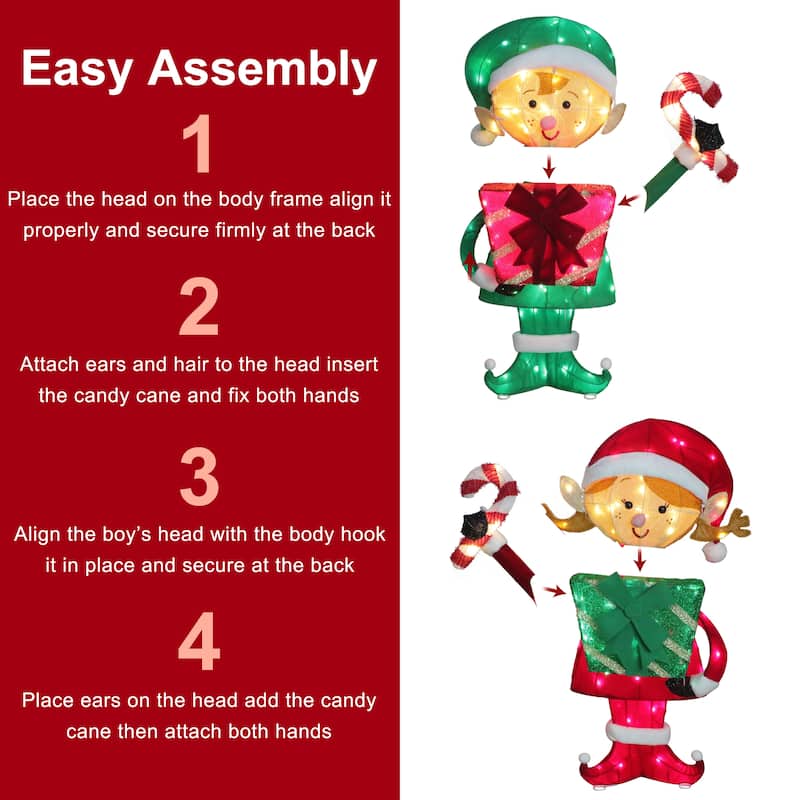 Puleo International Set of 2 Elf Couple with Gift Boxes and Candy Cane with 264 Multi-Color LED Lights - Red