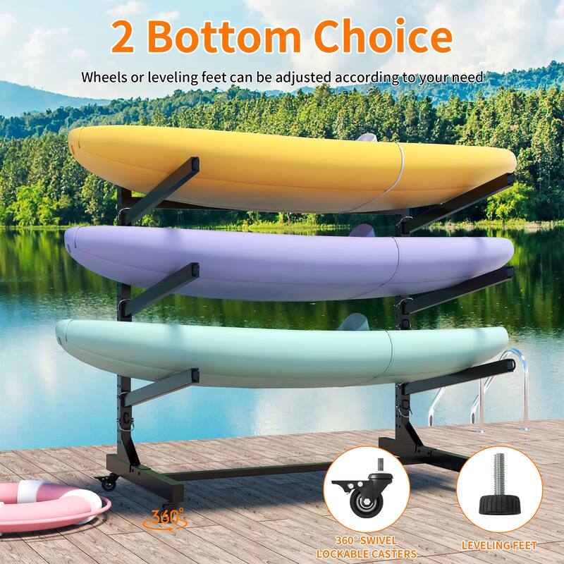 41"H Freestanding Kayak Storage Rack - Holds 3 Kayaks, Heavy-Duty Adjustable Stand with Lockable Wheels for Kayak, Canoe