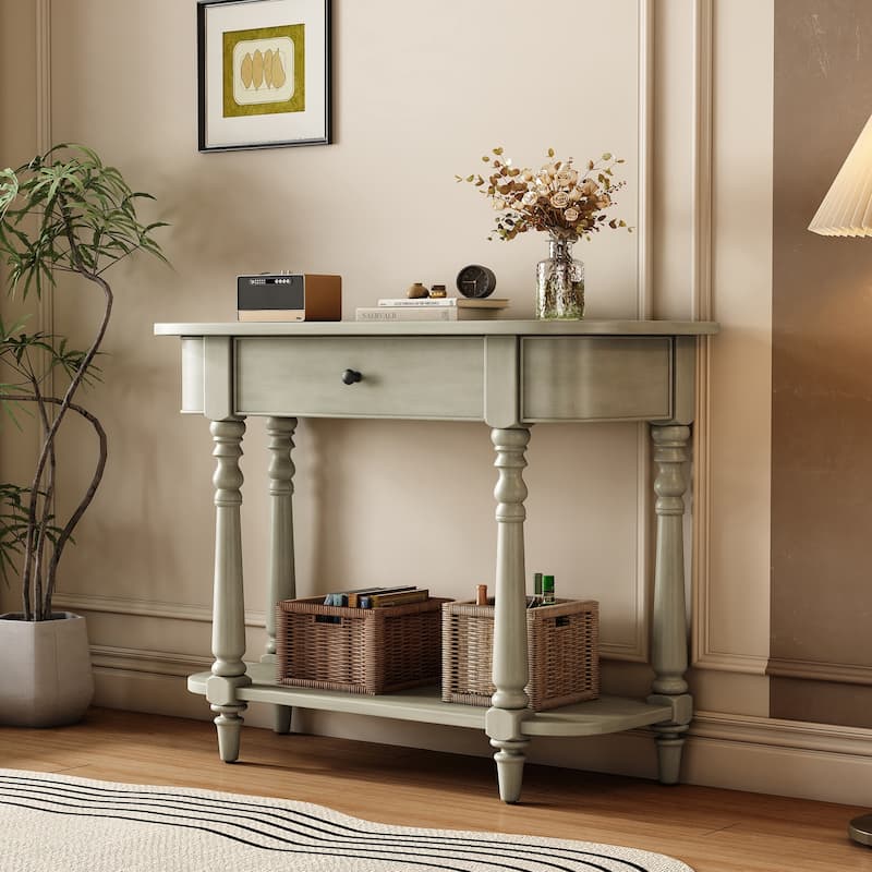 Narrow Console Table with Curved Corner, Retro Entryway Table with Top Drawer and Open Shelf