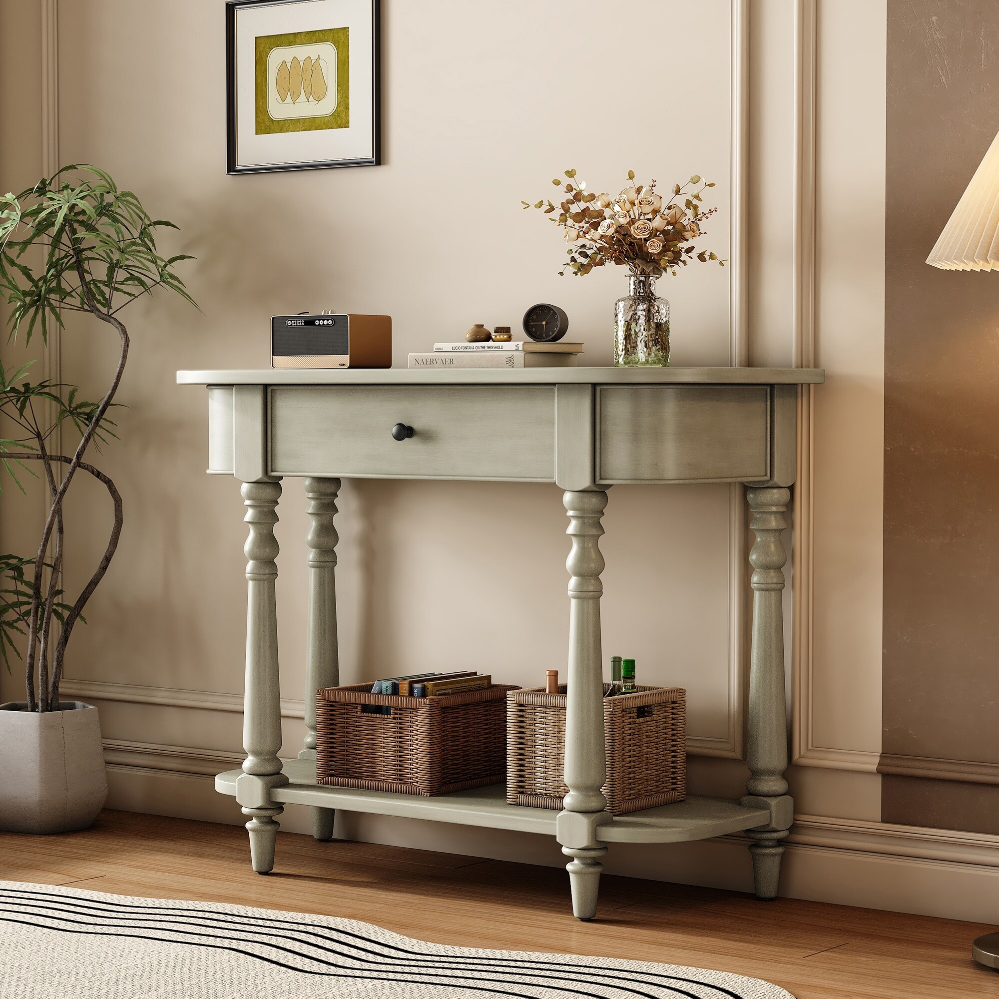 Retro Narrow Console Table with Curved Corner, Top Drawer & Open