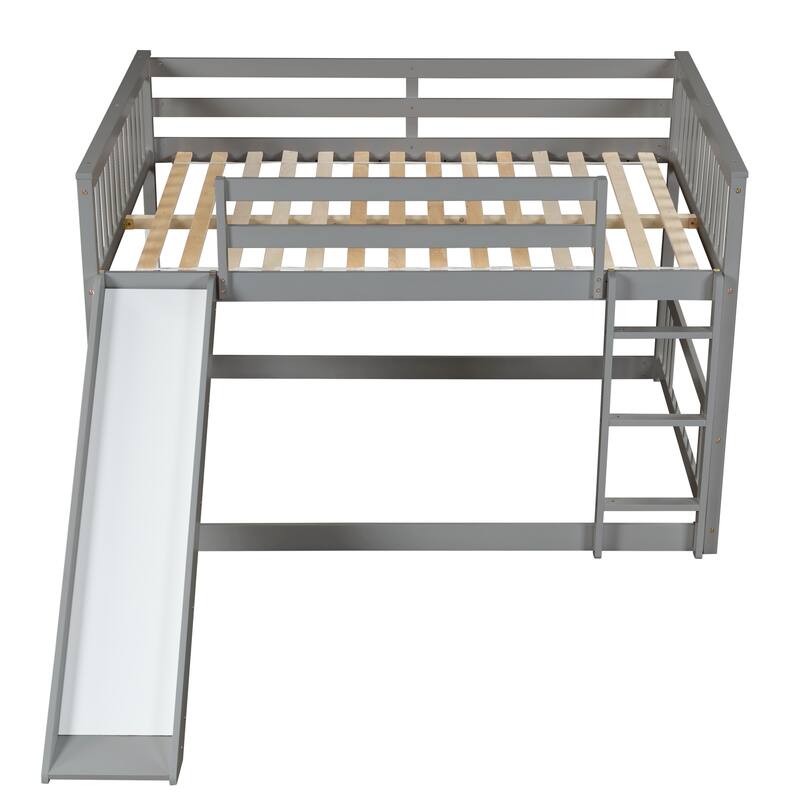Grey Full Over Full Bunk Bed with Slide and Ladder, Solid Pine Wood Frame, No Box Spring Needed