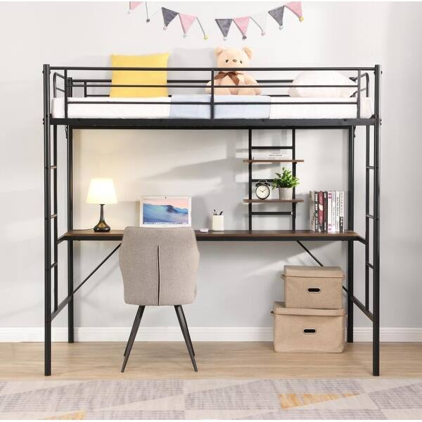 slide 2 of 7, Black Twin Size Metal Loft Bed with Desk and Shelves Black