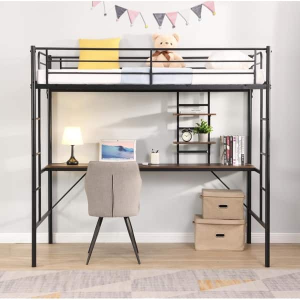 slide 2 of 7, Black Twin Size Metal Loft Bed with Desk and Storage for Kids Black