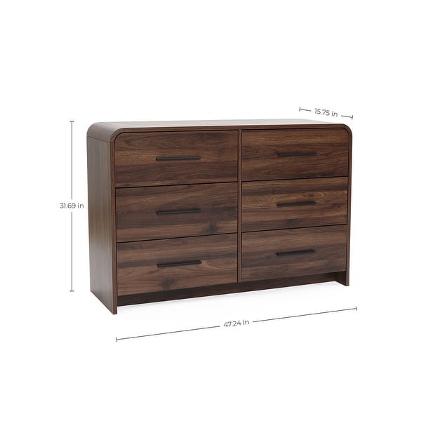 Walnut Finish Engineered Wood 6-Drawer Horizontal Dresser with Rounded ...