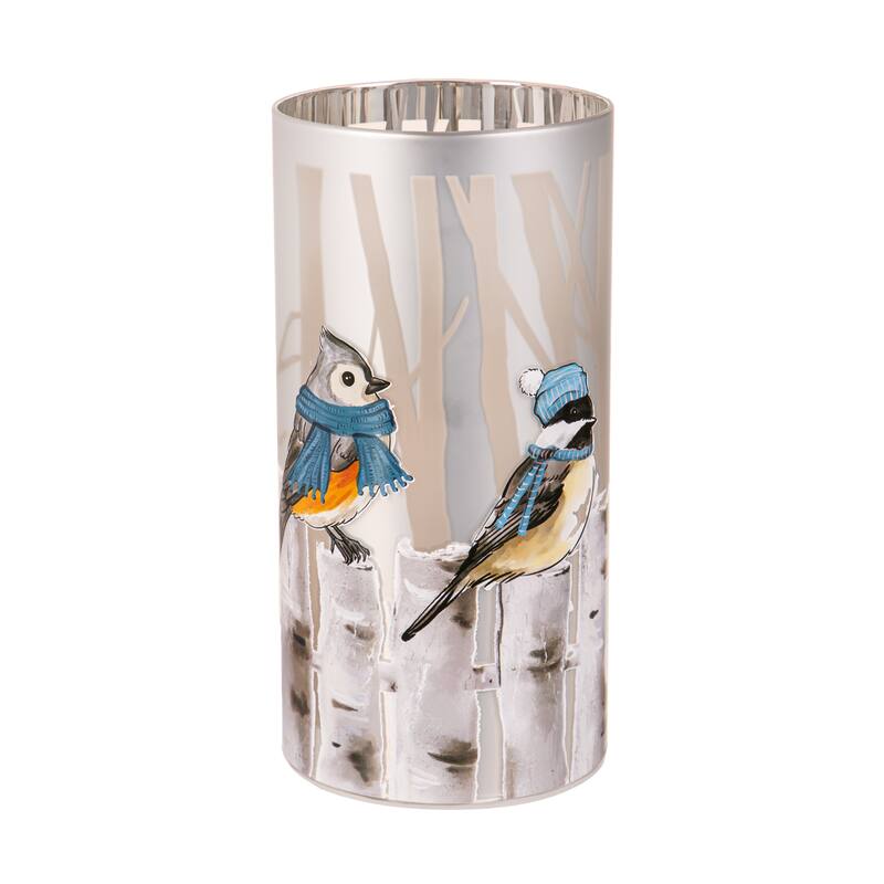 8" LED Lasercut Glass Table Decor with Birds on a Fence Design