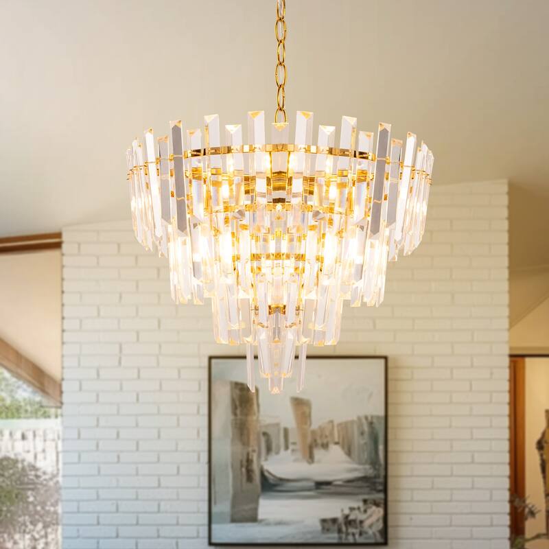 YANSUN 6-Light Crystal Chandelier, Three-Tier Design, E12 Base, Gold Finish for Luxurious Home Décor - 17.9*17.9*13.4