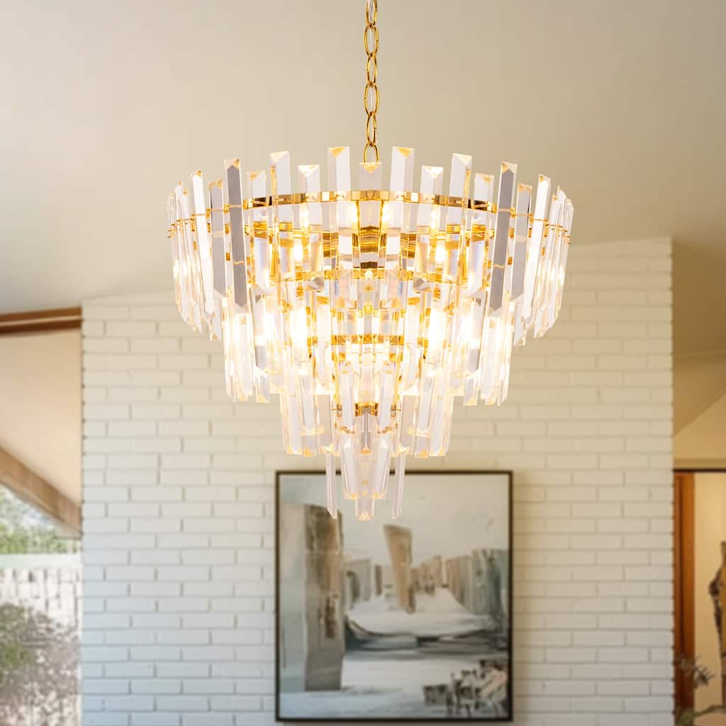 YANSUN 6-Light Crystal Tiered Chandelier, E12 Sockets, Gold-Plated Finish for Elegant Ceiling Lighting - Gold - 17.9*17.9*13.4