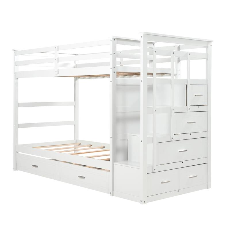Wood Twin Over Twin Bunk Bed with Trundle and Staircase