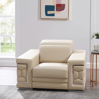 HomeRoots 47" Beige and Silver Genuine Leather Club Chair - 47 in. x 39 in. x 41 in.