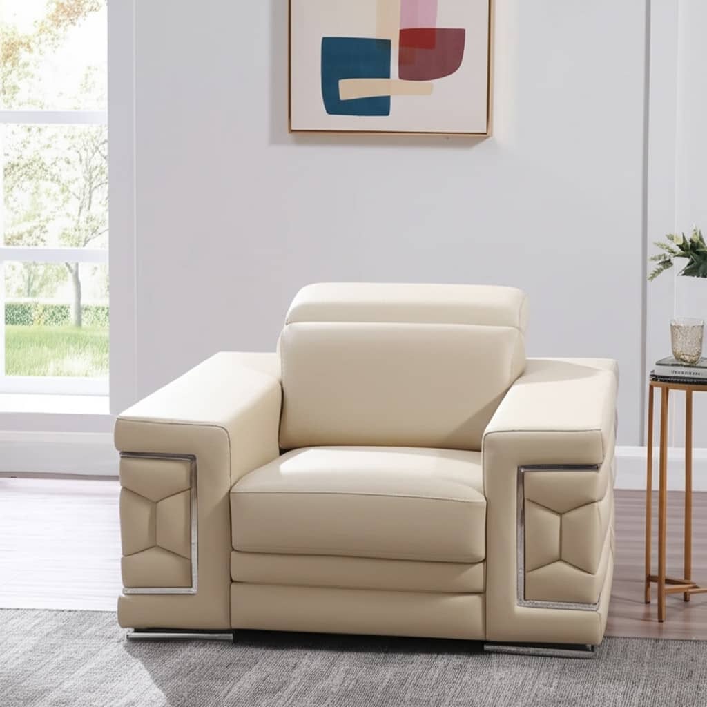 HomeRoots 47" Beige and Silver Genuine Leather Club Chair - 47 in. x 39 in. x 41 in.