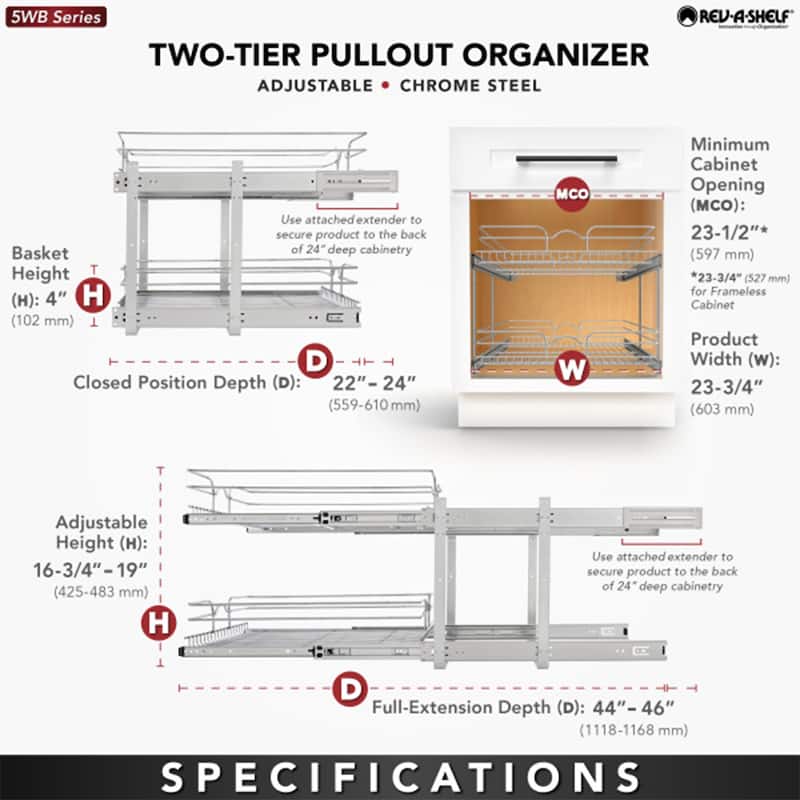 Rev-A-Shelf Pullout 2-Tier Basket Organizer for Kitchen Cabinets, 9 x 22 In, 5WB2-0922CR-1