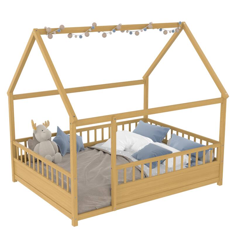 Full Size Floor Wooden Bed with House Roof Frame, Fence Guardrails(Full,Natural)