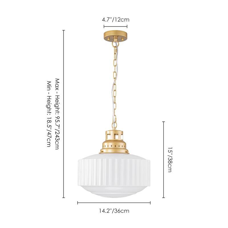 1-Light Mid-Century Modern Brass & White Ribbed Glass Pendant Light for Dining Room - 1 Light
