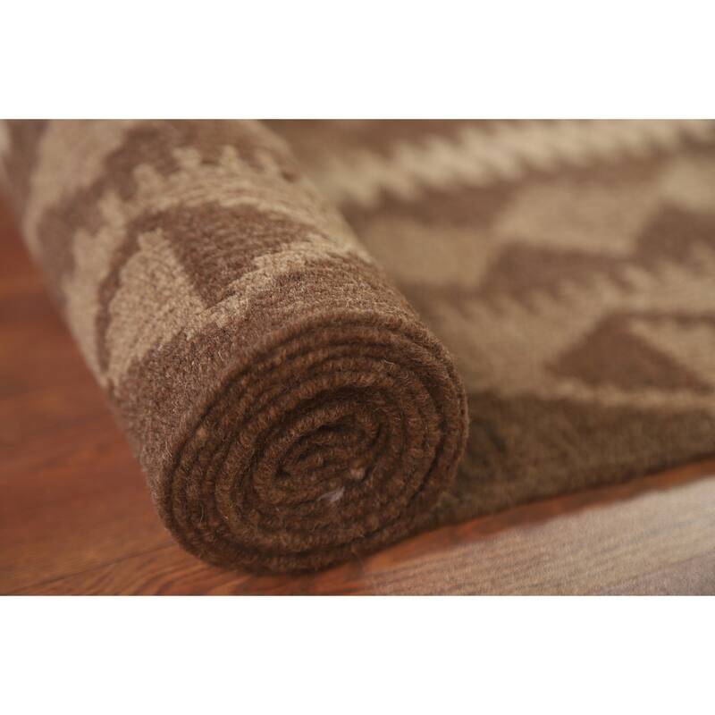 Hand Woven Oriental 100% Wool Carpet Southwestern Geometric Brown Kilim Area Rug - 9' 5'' X 6' 10''
