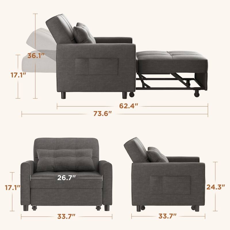 3 in 1 Pull Out Sleeper Sofa Bed, Convertible Modern Adjustable Upholstered Sleeper Chair Sofa