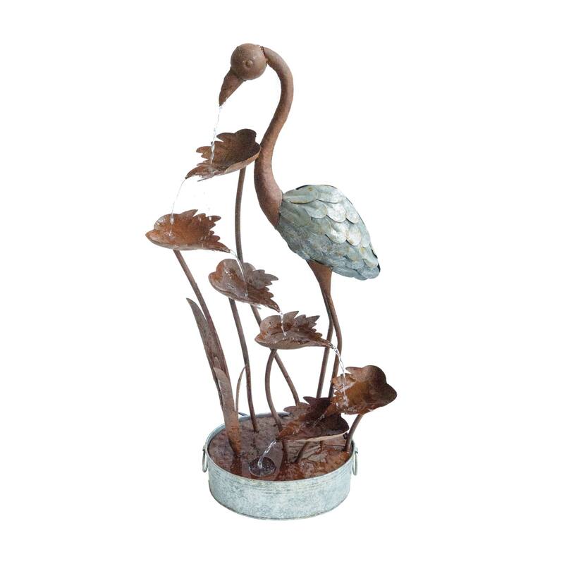 45" Flamingo with Leaves in Pail Outdoor Patio Garden Fountain
