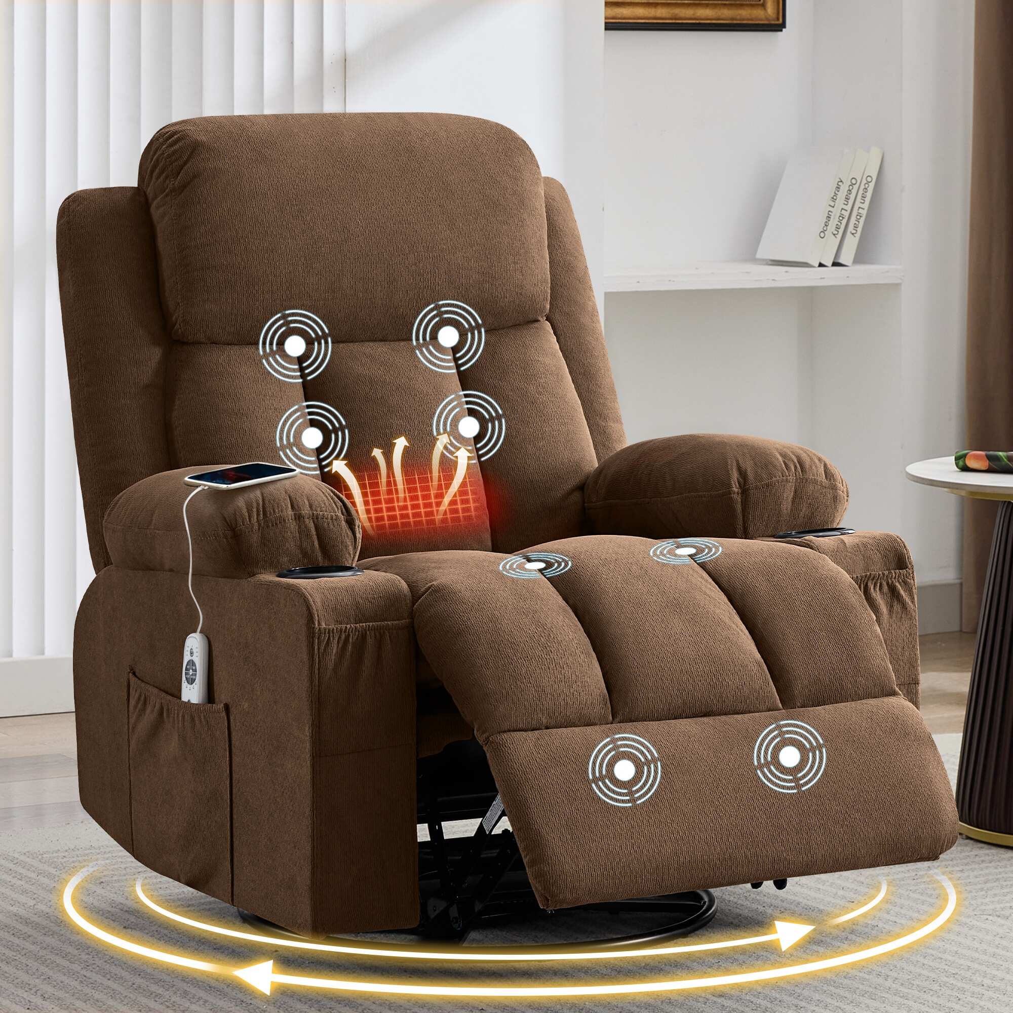 Swivel Rocker Recliner Chair with Vibration Massage & Heat, USB Port & Cup Holders for Living Room