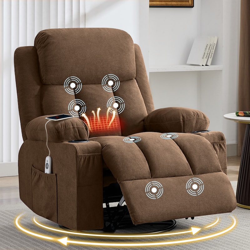 Swivel Rocker Recliner Chair with Vibration Massage & Heat, USB Port & Cup Holders for Living Room - Brown