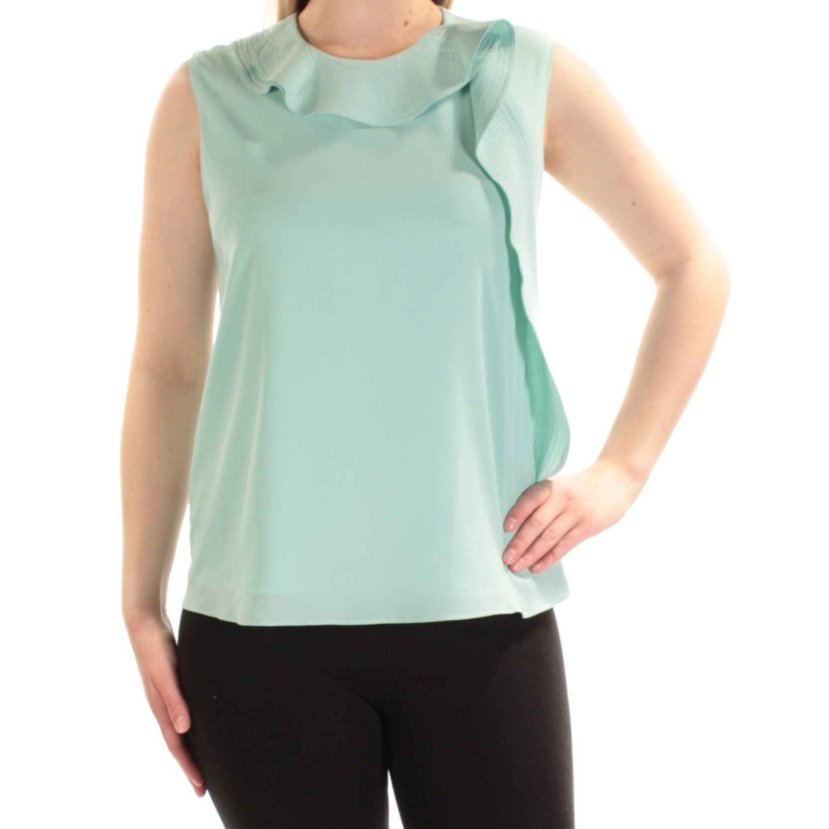 Shop Cynthia Rowley Womens Green Ruffled Sleeveless Zip Neck Top