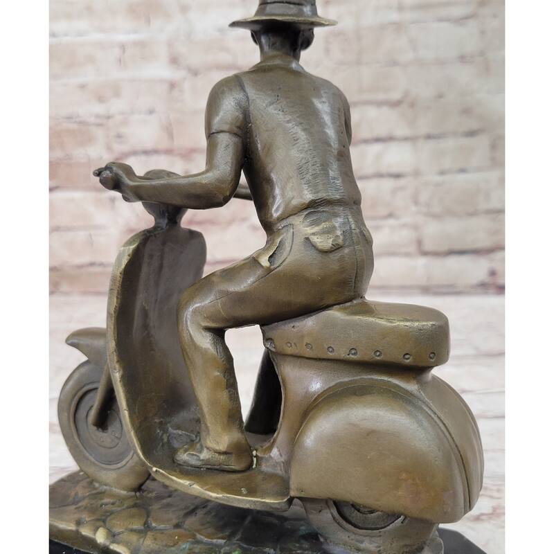 Man Riding Moped Bike Solid Bronze Sculpture Memorabilia Collectible Artwork