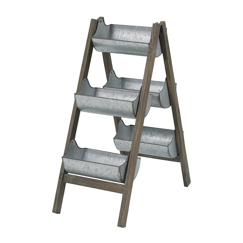 Farmhouse Foldable Reed Galvanized and Wood Ladder Planter 14.2" x 7.5" x 70.9"