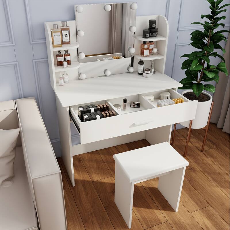 Modern Wood Vanity Table with Mirror,Drwer and Seat