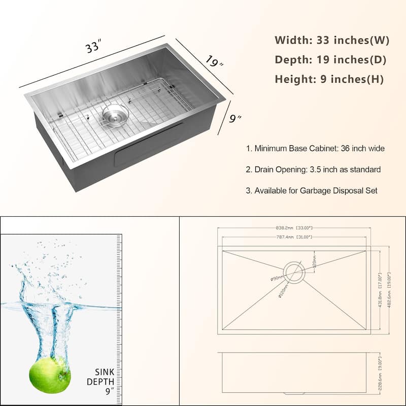 25/30/32/33 inch Stainless Steel Undermount Single Bowl Kitchen Sink