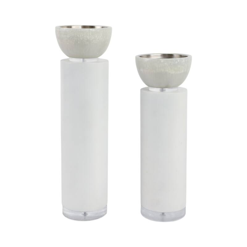 Candle Holders Set of 2 - White Resin Cylinder, 11/13" - 12.5"