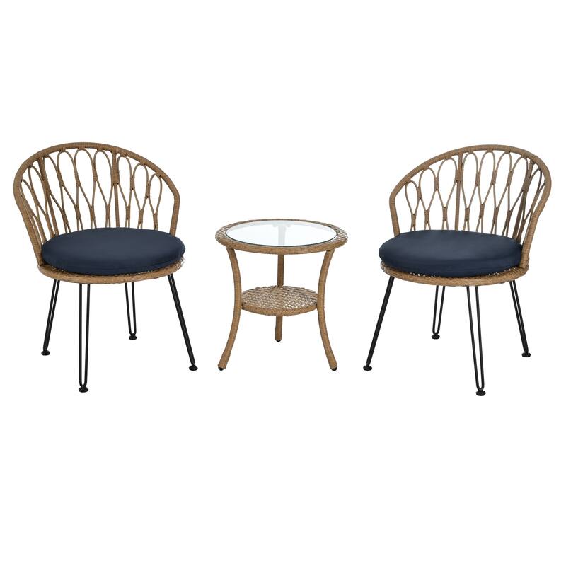 3-Piece Outdoor Patio Rattan Conversation Leisure Chairs Set with 2 Chair and Glass Coffee Table