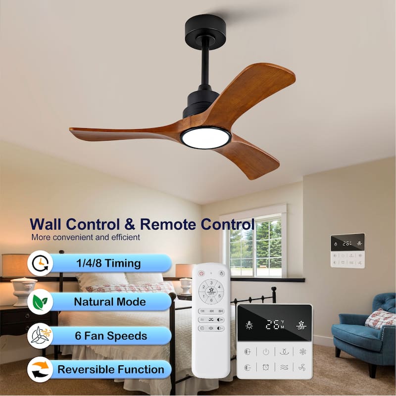 36-Inch Ceiling Fan Light with 6-Speed Remote Control, Black Three-Blade, Reversible Wooden Fan Blades, DC Motor